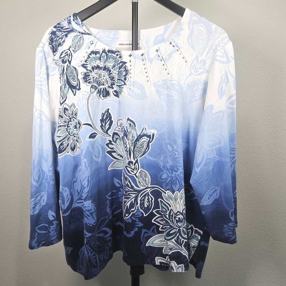 Alfred Dunner‎ Top Women 1X Blue Ombre Floral Rhinestone Embellished Classic